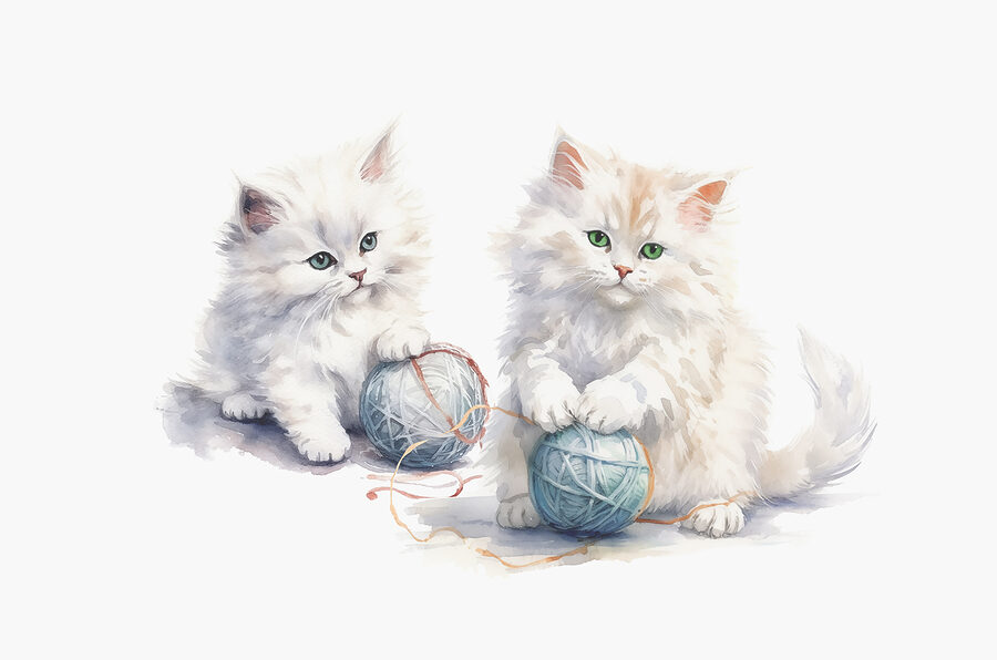 Une aquarelle de deux chatons jouant avec de la laine