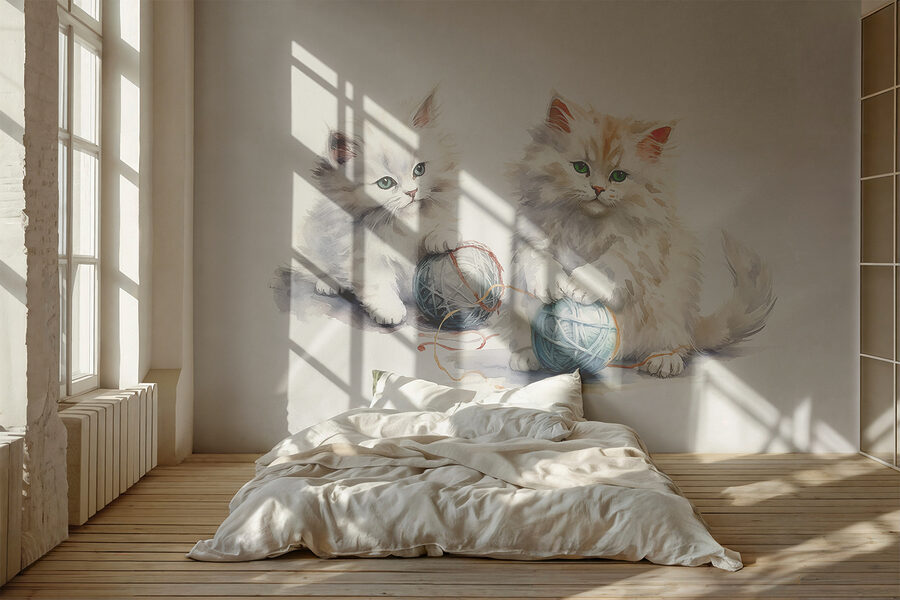 Une aquarelle de deux chatons jouant avec de la laine