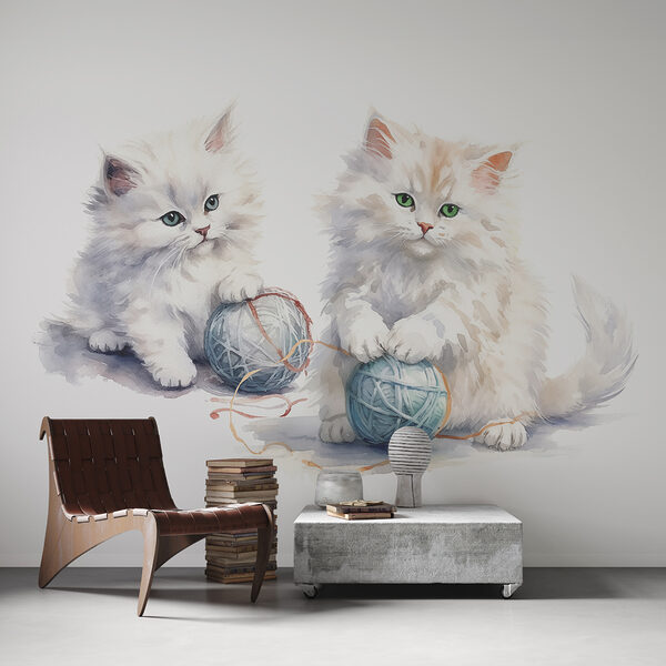 Une aquarelle de deux chatons jouant avec de la laine Une aquarelle de deux chatons jouant avec de la laine