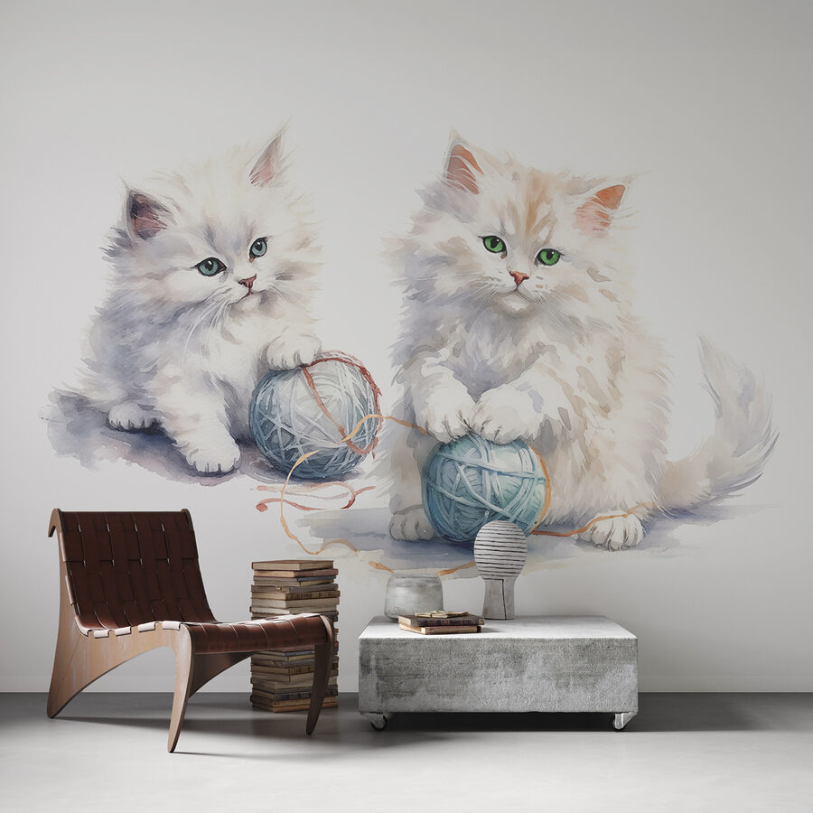 Une aquarelle de deux chatons jouant avec de la laine