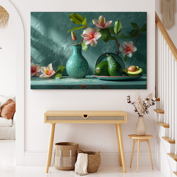 A vase with flowers in it and avocados on a plate