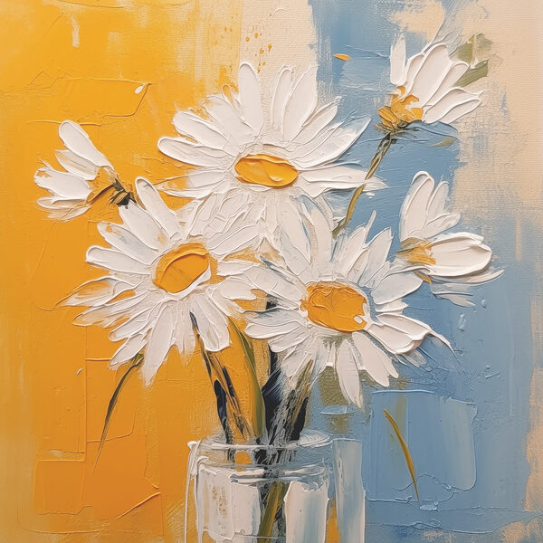 A painting of flowers in a glass