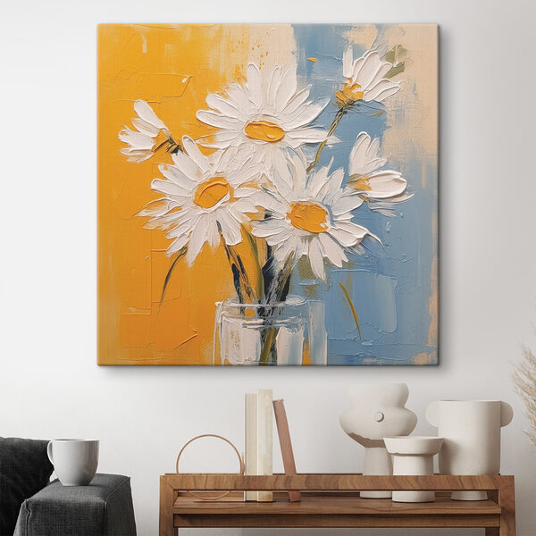 A painting of flowers in a glass