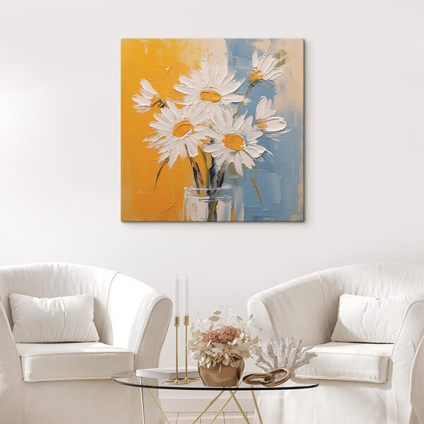 A painting of flowers in a glass