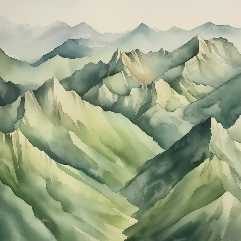 A painting of mountains with fog A painting of mountains with fog
