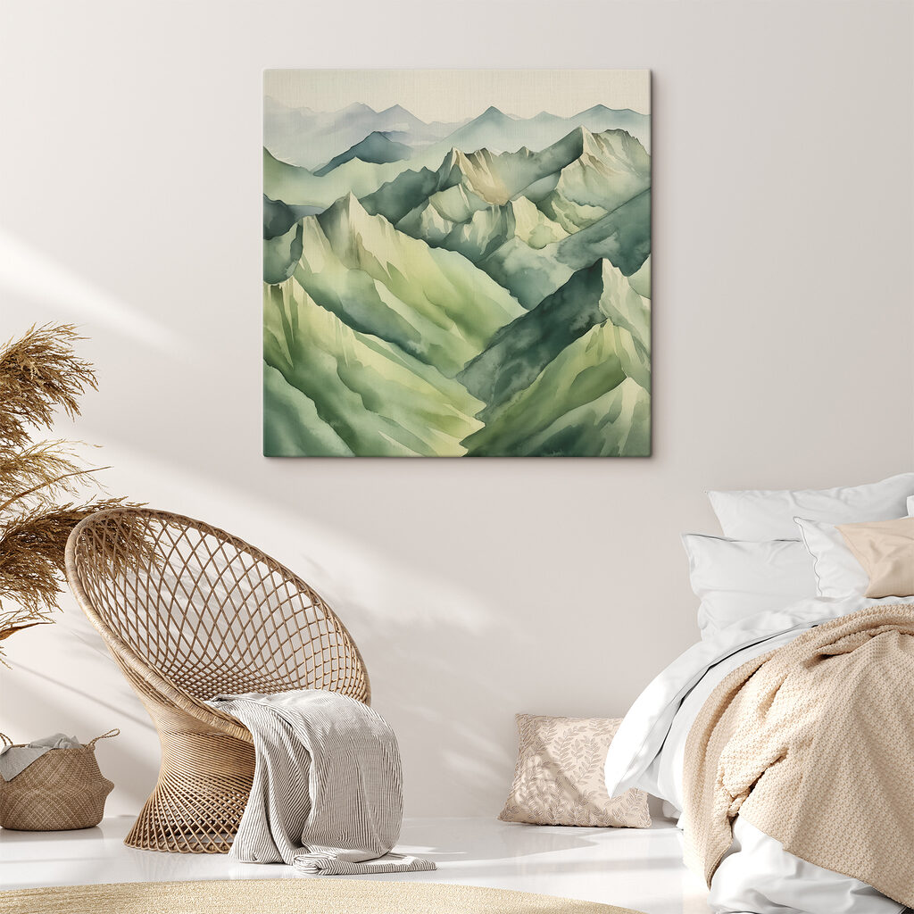 A painting of mountains with fog A painting of mountains with fog