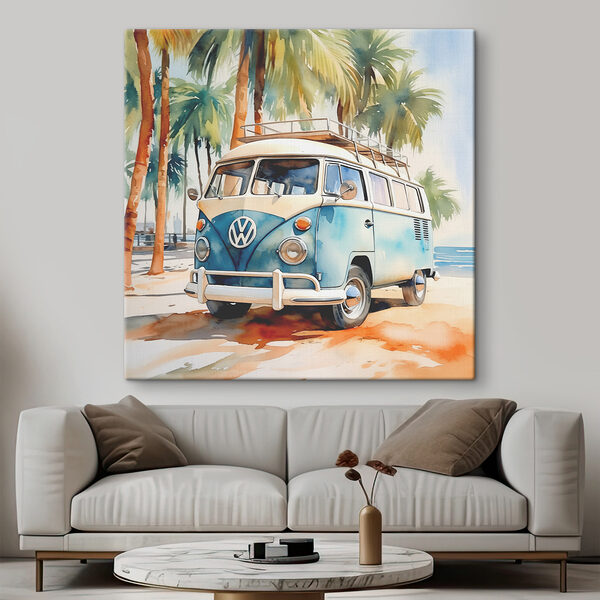 A watercolor of a van parked on a beach A watercolor of a van parked on a beach