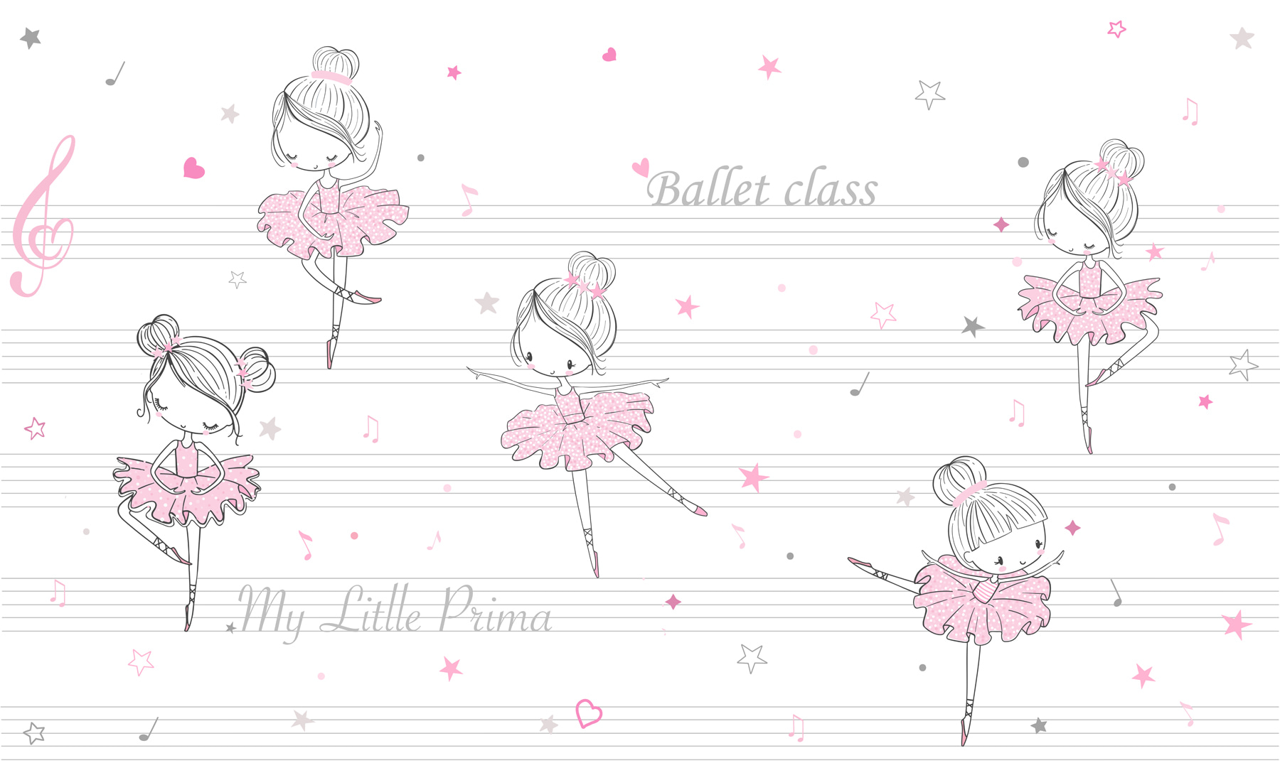 A group of pink and white ballet dancers on musical notes