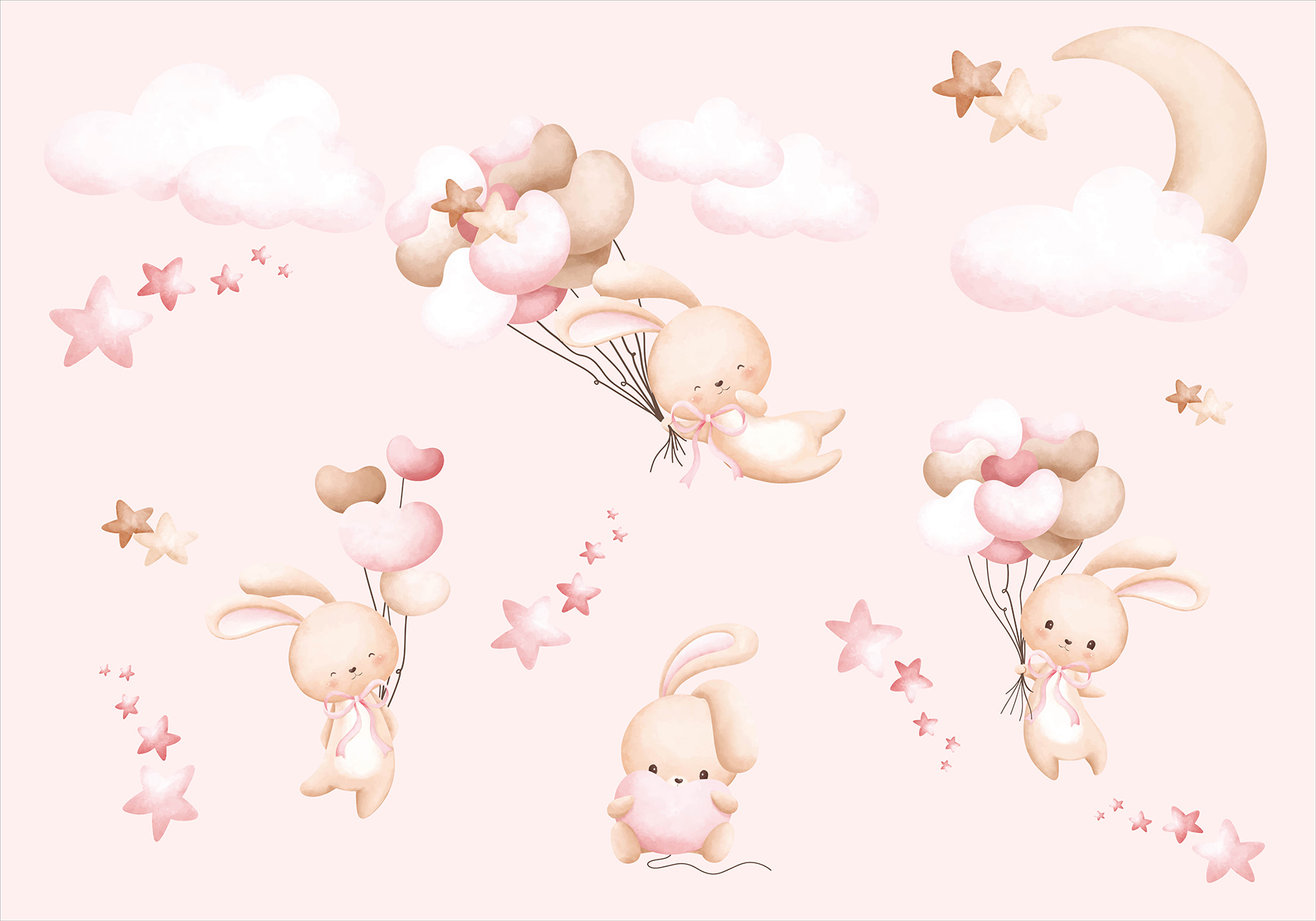 A group of cartoon bunnies holding balloons A group of cartoon bunnies holding balloons