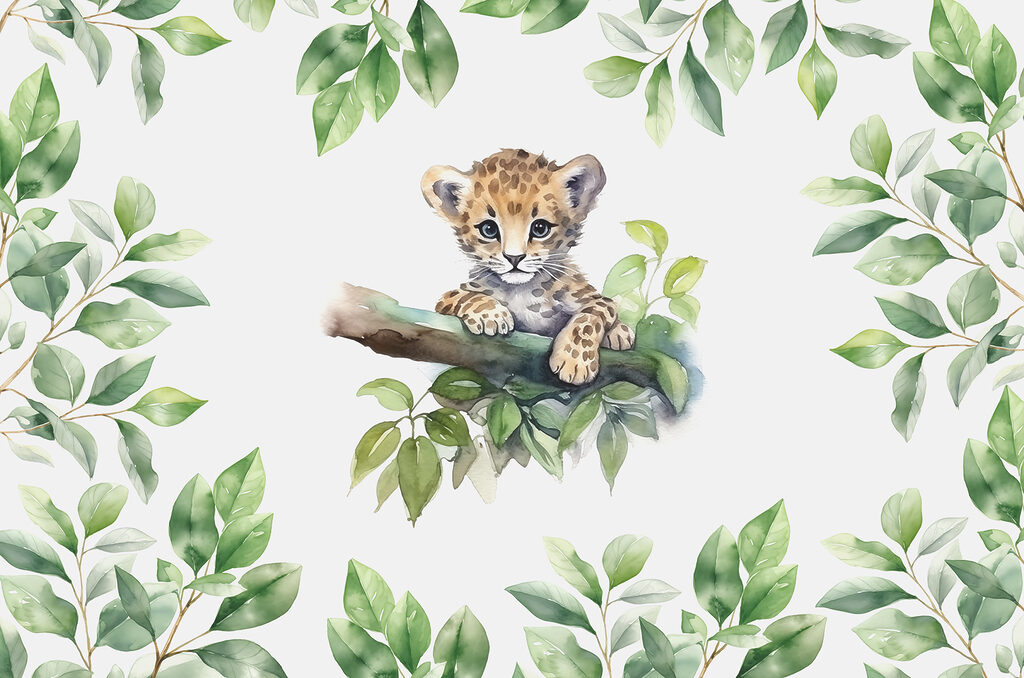 Aquarelle d'un bébé léopard sur une branche d'arbre Aquarelle d'un bébé léopard sur une branche d'arbre
