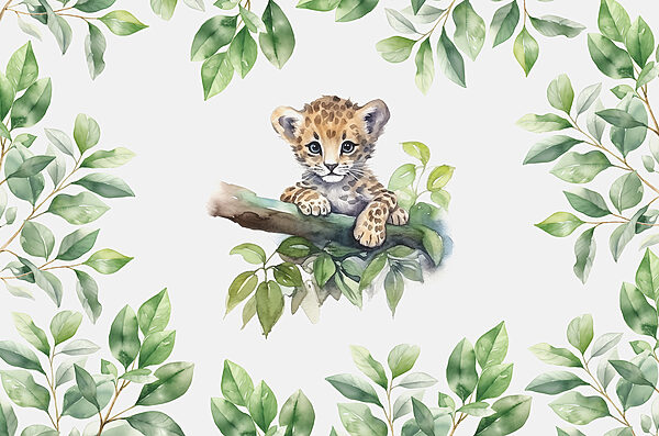 Aquarelle d'un bébé léopard sur une branche d'arbre Aquarelle d'un bébé léopard sur une branche d'arbre