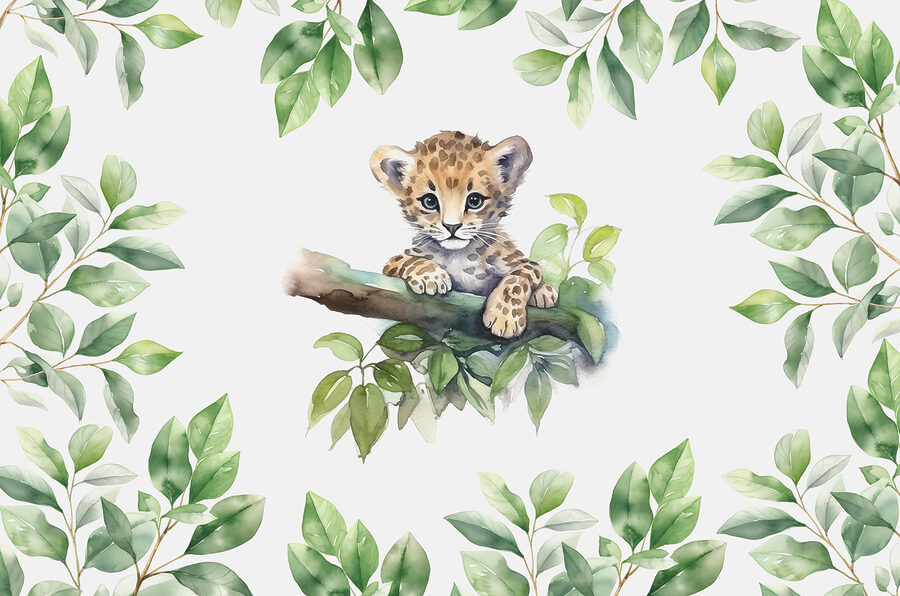 Aquarelle d'un bébé léopard sur une branche d'arbre