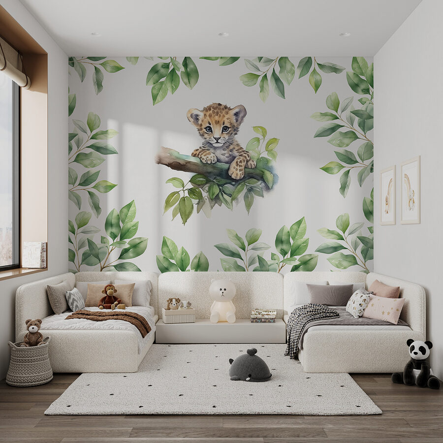 Aquarelle d'un bébé léopard sur une branche d'arbre