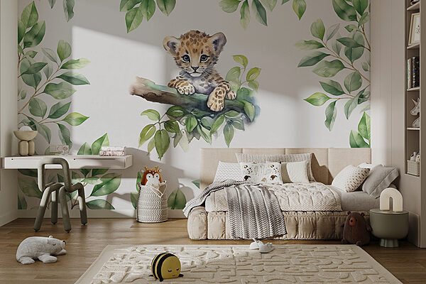 Aquarelle d'un bébé léopard sur une branche d'arbre Aquarelle d'un bébé léopard sur une branche d'arbre