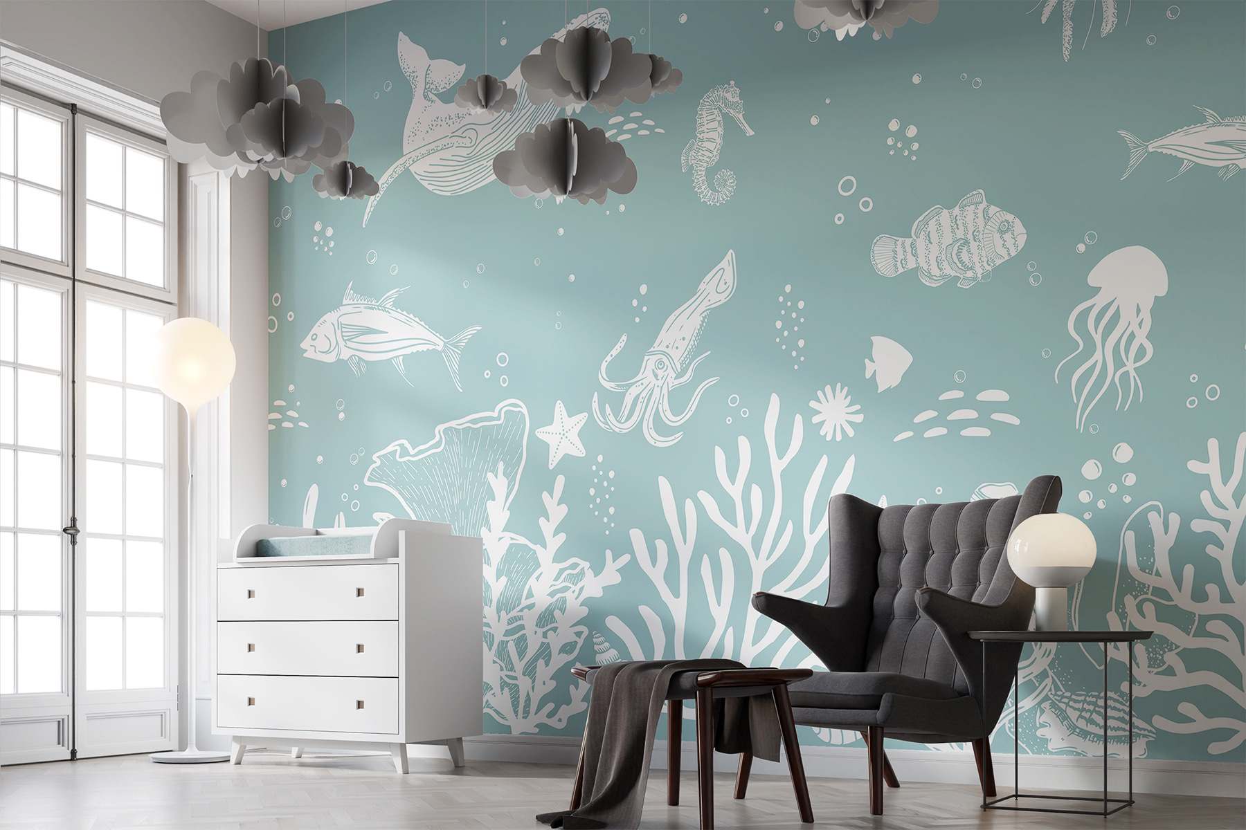 A white outline of sea animals A white outline of sea animals