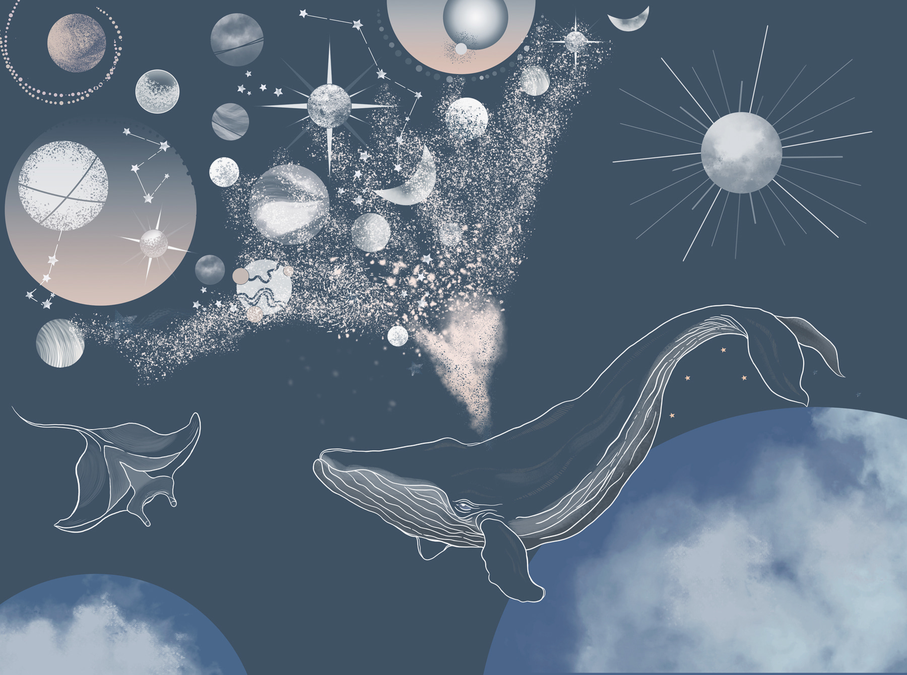 A whale and planets in the sky