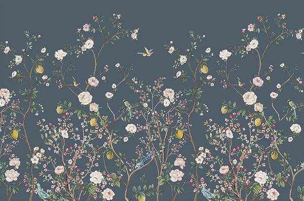 Un papier peint avec des fleurs et des oiseaux Un papier peint avec des fleurs et des oiseaux