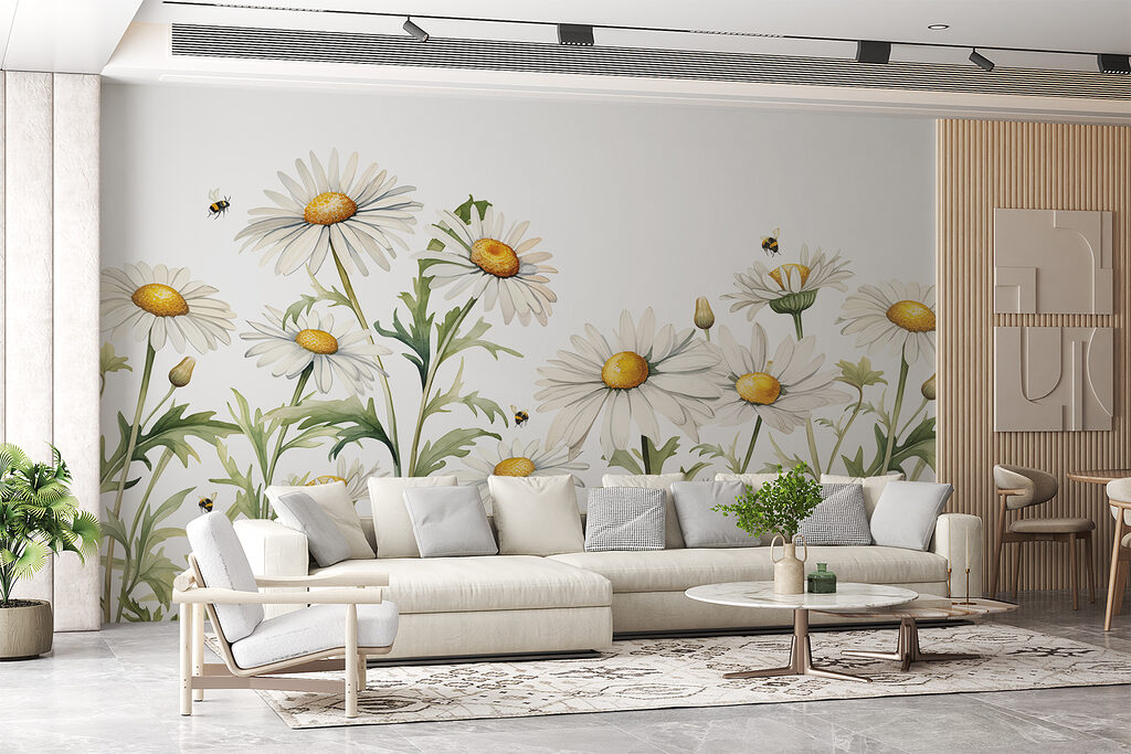 A group of white flowers with yellow centers and green leaves A group of white flowers with yellow centers and green leaves