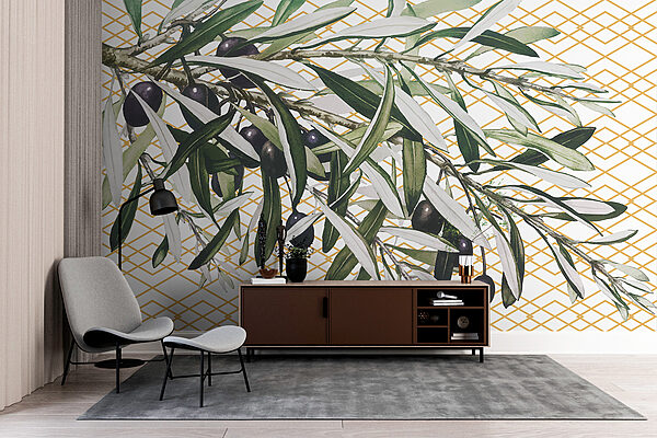 Une branche avec des olives noires et des feuilles Une branche avec des olives noires et des feuilles