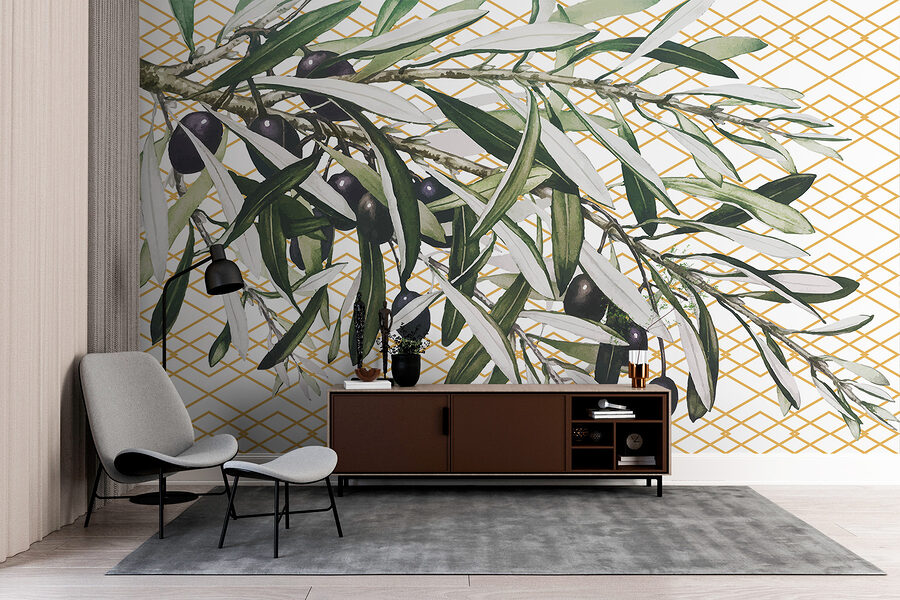 Une branche avec des olives noires et des feuilles Une branche avec des olives noires et des feuilles