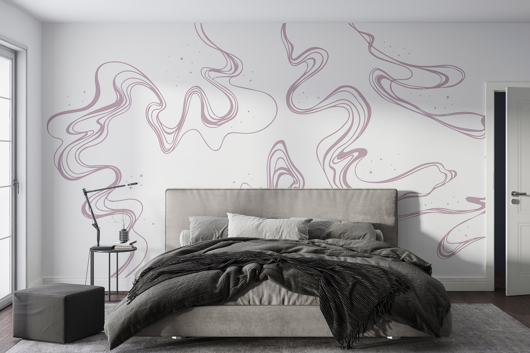 A white background with purple lines