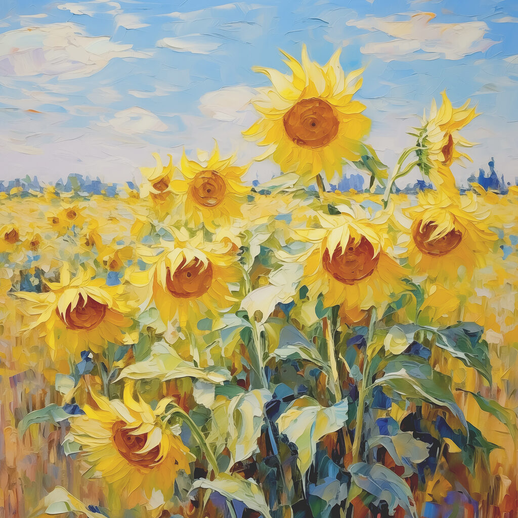 A painting of sunflowers in a field A painting of sunflowers in a field