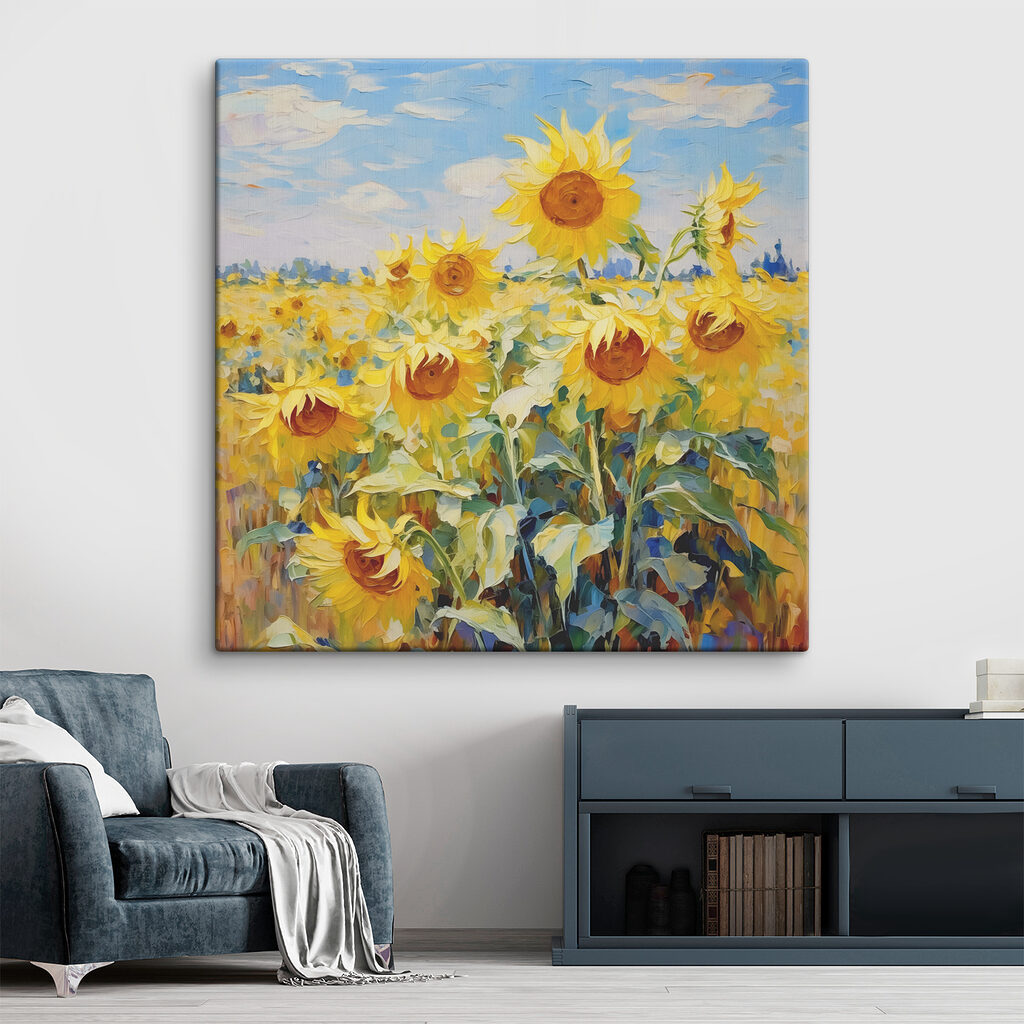 A painting of sunflowers in a field A painting of sunflowers in a field