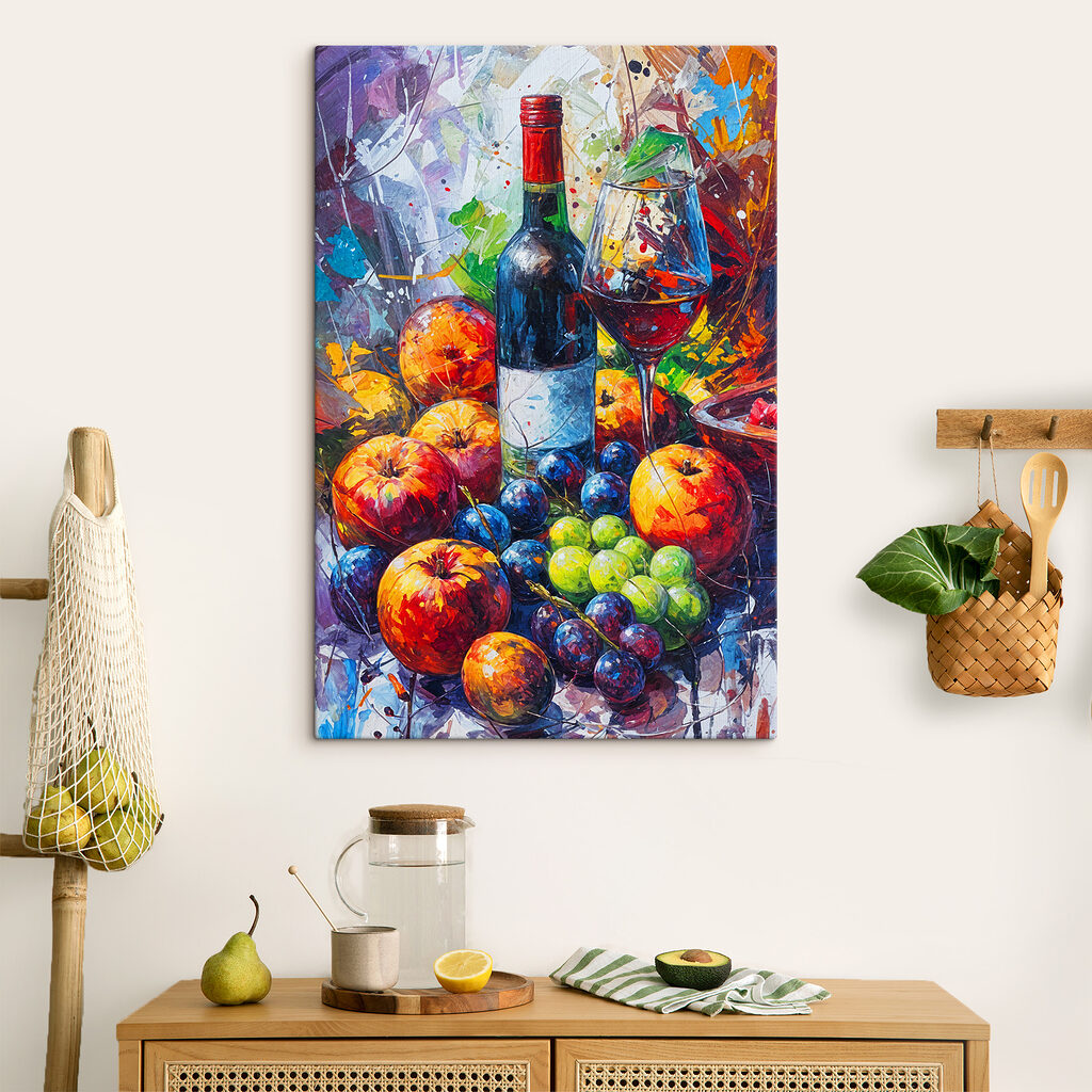 A painting of a wine bottle and fruit A painting of a wine bottle and fruit