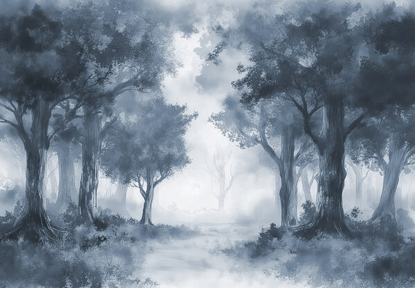 Une forêt brumeuse avec des arbres et des buissons Une forêt brumeuse avec des arbres et des buissons