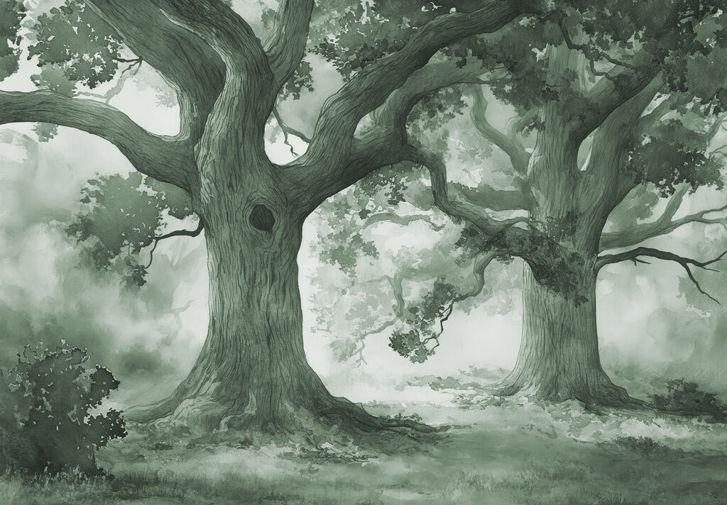 A group of trees in a foggy forest
