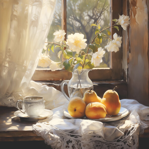 A plate of fruit and a cup on a table next to a vase of flowers A plate of fruit and a cup on a table next to a vase of flowers