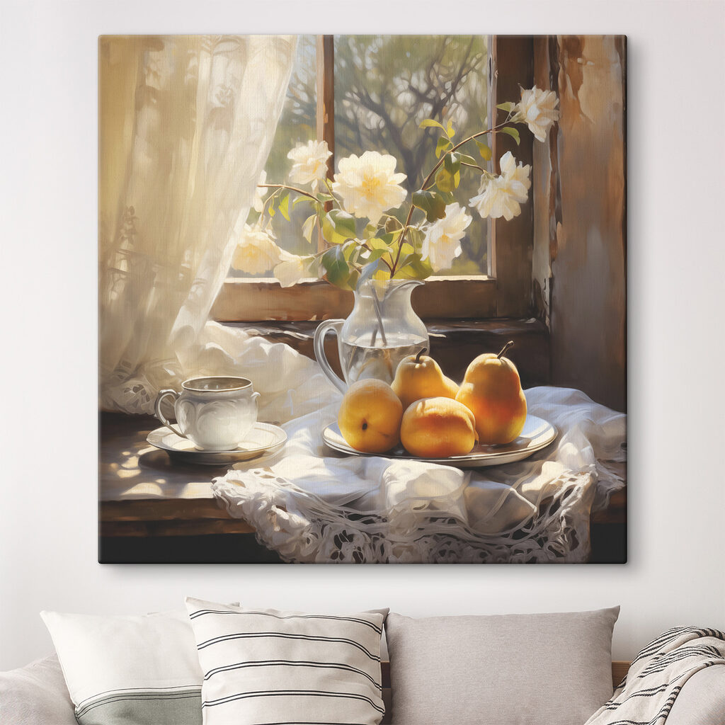 A plate of fruit and a cup on a table next to a vase of flowers A plate of fruit and a cup on a table next to a vase of flowers