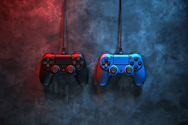 Une manette de jeu vidéo bleue et rouge Une manette de jeu vidéo bleue et rouge
