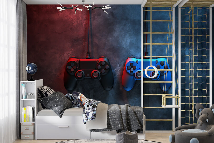 Une manette de jeu vidéo bleue et rouge Une manette de jeu vidéo bleue et rouge