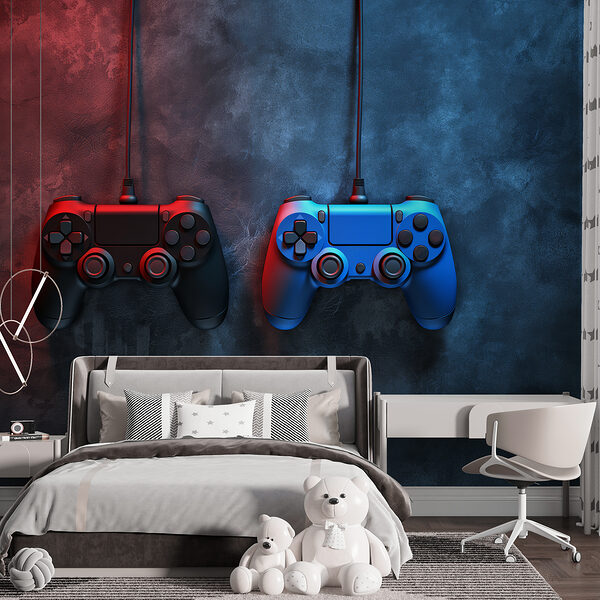 Une manette de jeu vidéo bleue et rouge Une manette de jeu vidéo bleue et rouge