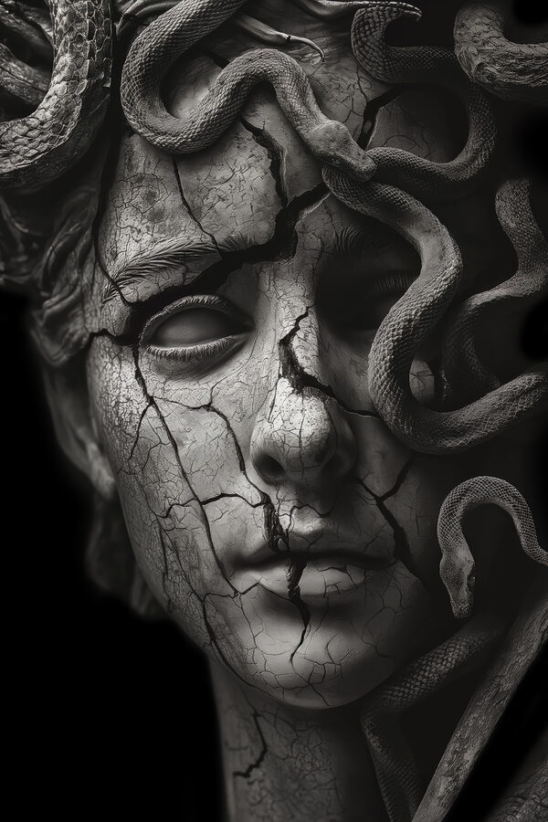 Statue d'une femme au visage fissuré et entouré de serpents. Statue d'une femme au visage fissuré et entouré de serpents.