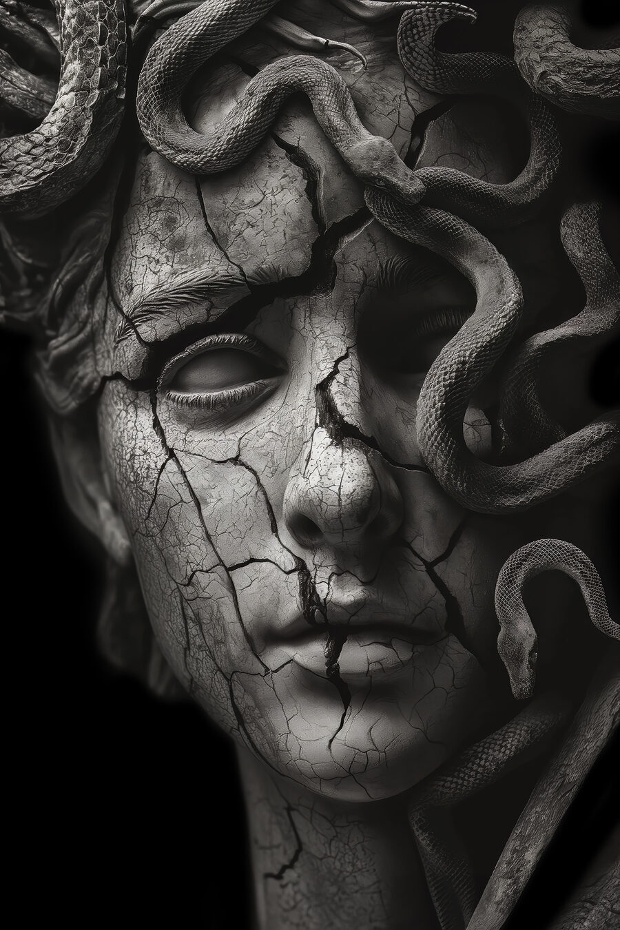 Statue d'une femme au visage fissuré et entouré de serpents.