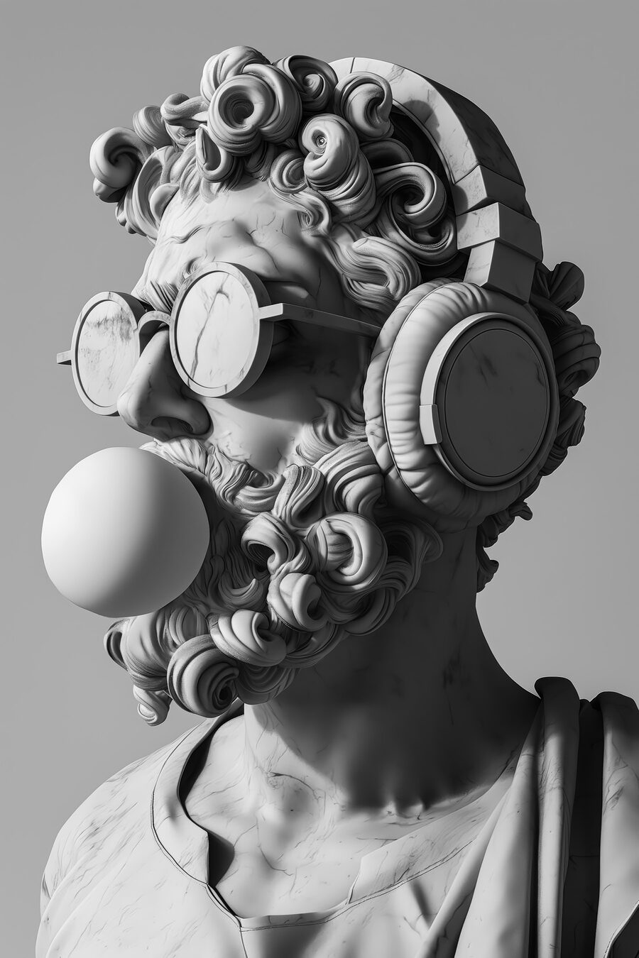 Une statue d'un homme avec des écouteurs et un chewing-gum Une statue d'un homme avec des écouteurs et un chewing-gum