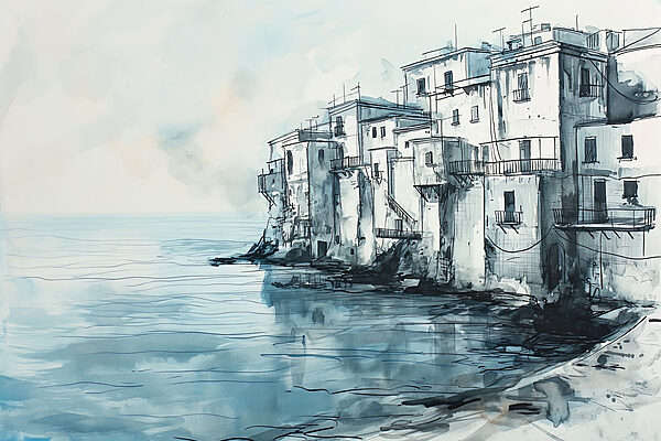 A watercolor of a building next to a body of water A watercolor of a building next to a body of water