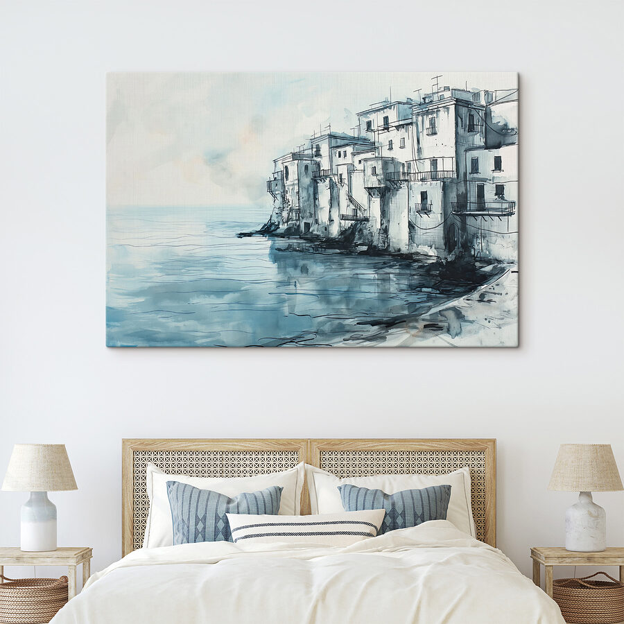 A watercolor of a building next to a body of water A watercolor of a building next to a body of water