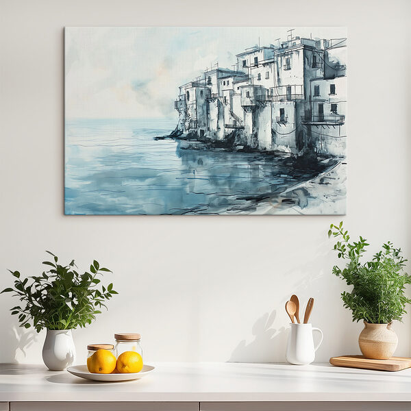 A watercolor of a building next to a body of water A watercolor of a building next to a body of water