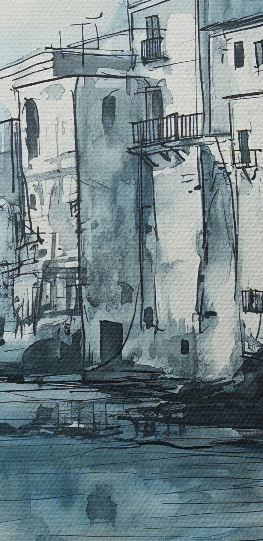 A watercolor of a building next to a body of water A watercolor of a building next to a body of water