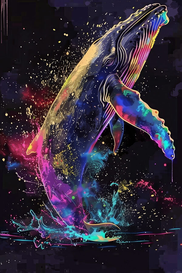 Une baleine colorée avec des éclaboussures d'arc-en-ciel Une baleine colorée avec des éclaboussures d'arc-en-ciel