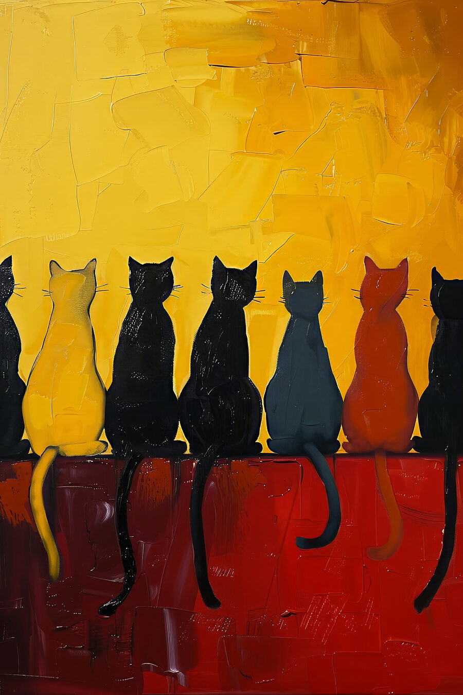 Groupe de chats assis sur une surface rouge