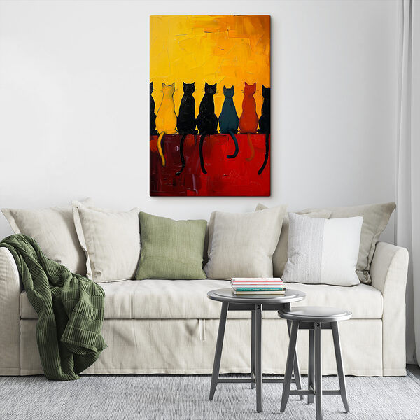 Groupe de chats assis sur une surface rouge Groupe de chats assis sur une surface rouge