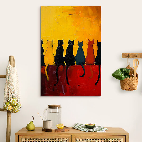 Groupe de chats assis sur une surface rouge Groupe de chats assis sur une surface rouge