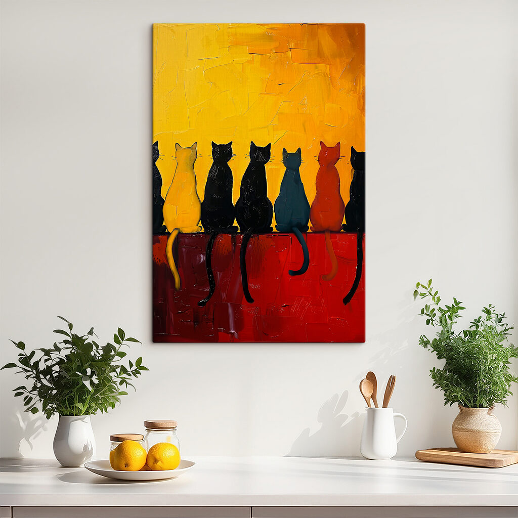 A group of cats sitting on a red surface