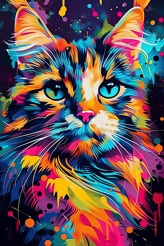 A colorful cat with blue eyes