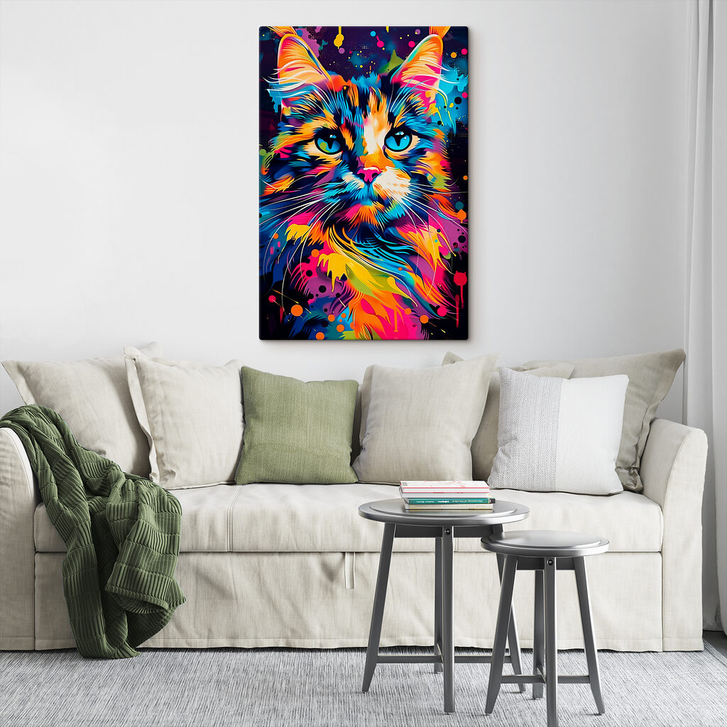 A colorful cat with blue eyes