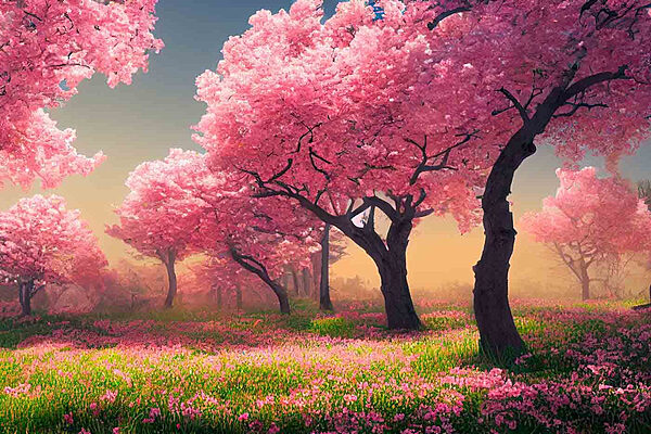 A field of pink flowers with trees A field of pink flowers with trees